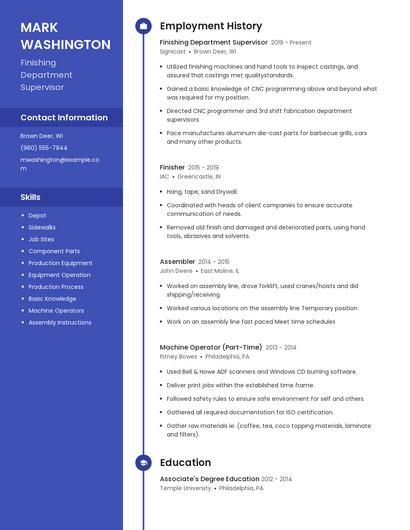 Finishing Department Supervisor Resume