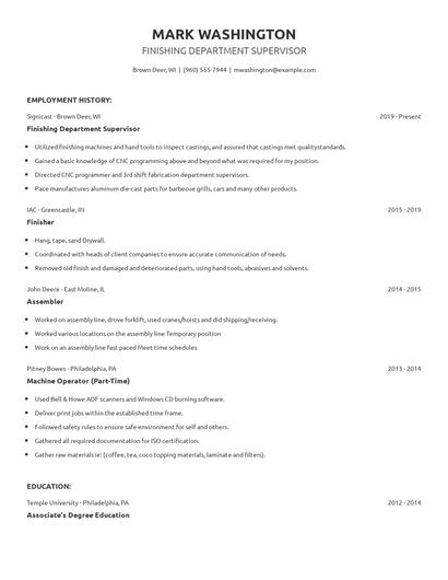 Finishing Department Supervisor Resume