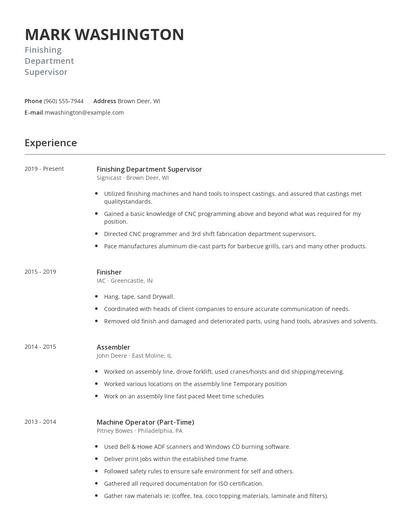 Finishing Department Supervisor Resume