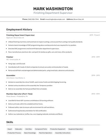 Finishing Department Supervisor Resume