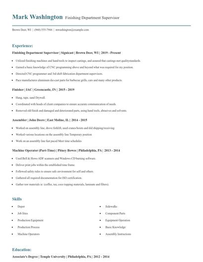 Finishing Department Supervisor Resume