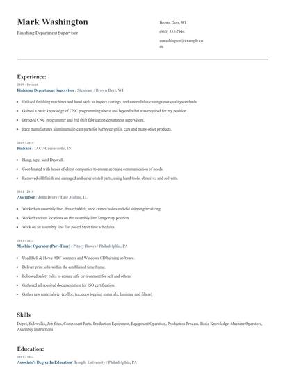 Finishing Department Supervisor Resume