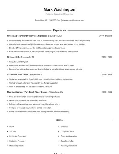 Finishing Department Supervisor Resume