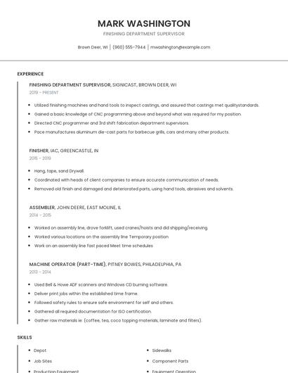 Finishing Department Supervisor Resume