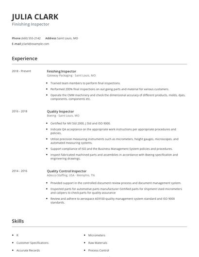 Finishing Inspector Resume