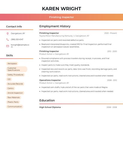 Finishing Inspector Resume