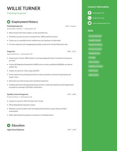 Finishing Inspector Resume