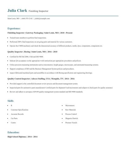 Finishing Inspector Resume