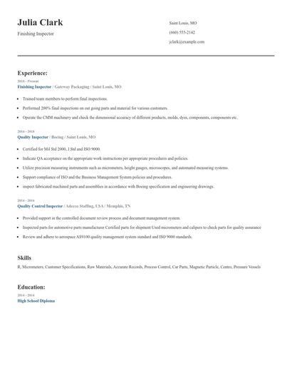 Finishing Inspector Resume