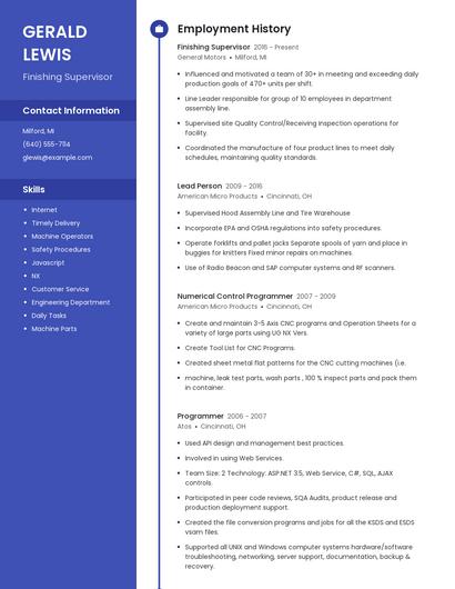 Finishing Supervisor Resume