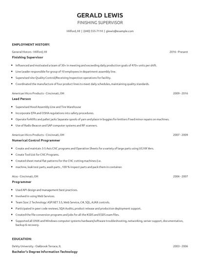 Finishing Supervisor Resume