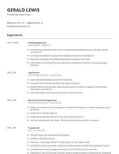 Finishing Supervisor Resume