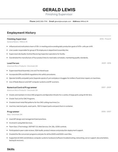 Finishing Supervisor Resume