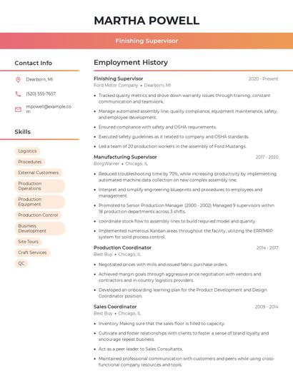 Finishing Supervisor Resume