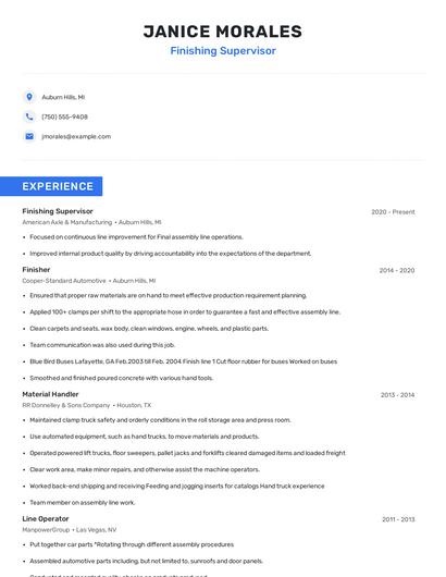 Finishing Supervisor Resume