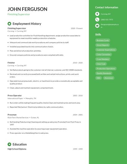 Finishing Supervisor Resume