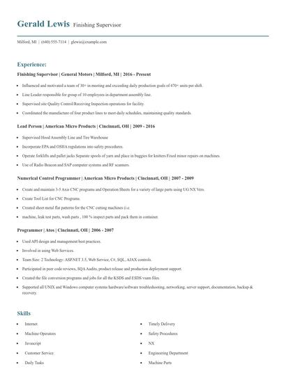 Finishing Supervisor Resume