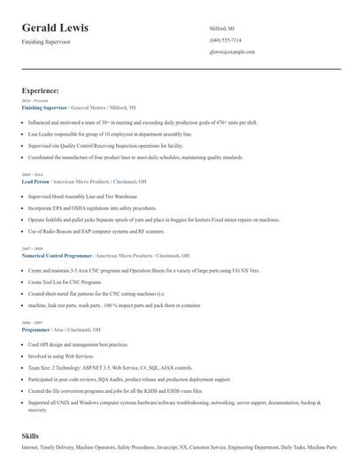 Finishing Supervisor Resume
