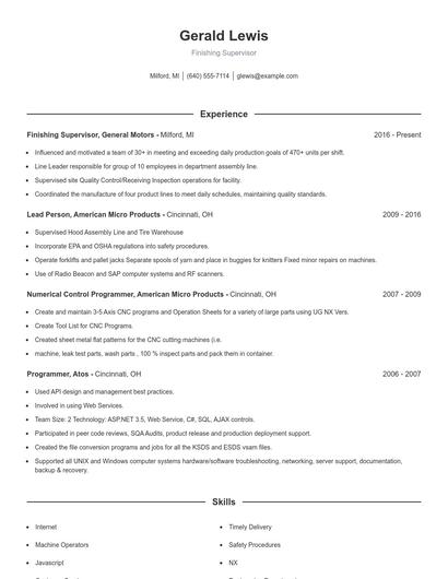 Finishing Supervisor Resume