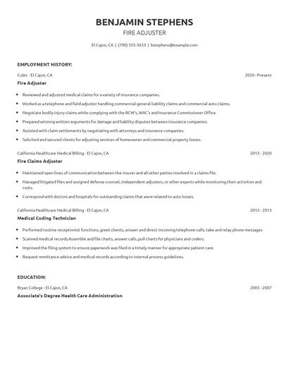 Fire Adjuster Resume