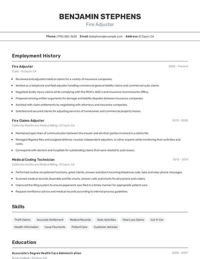 Fire Adjuster Resume