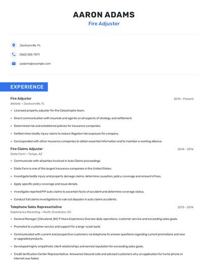 Fire Adjuster Resume