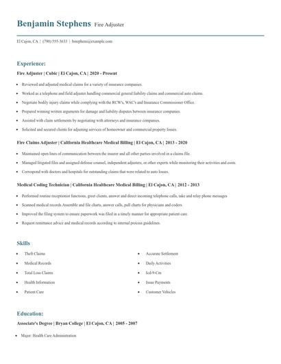 Fire Adjuster Resume