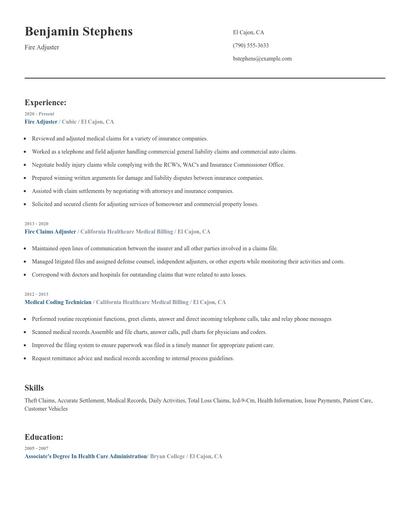 Fire Adjuster Resume