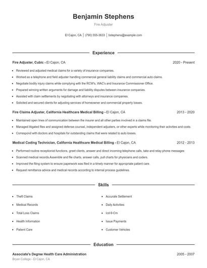Fire Adjuster Resume
