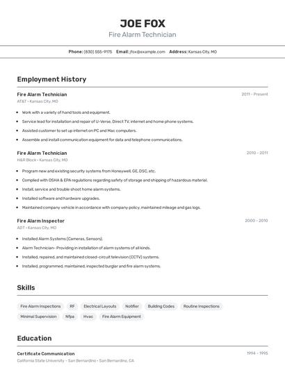 Fire Alarm Technician Resume