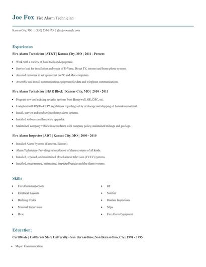 Fire Alarm Technician Resume