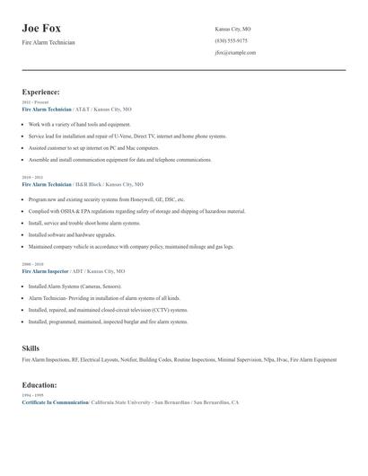 Fire Alarm Technician Resume
