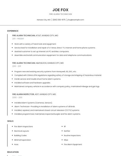 Fire Alarm Technician Resume