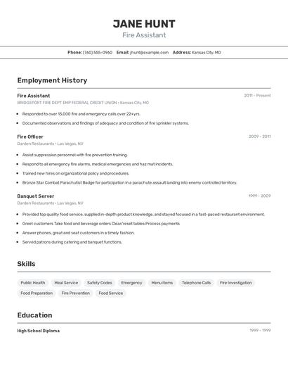 Fire Assistant Resume