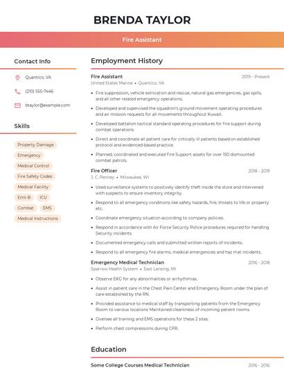 Fire Assistant Resume
