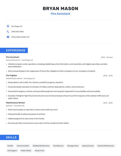 Fire Assistant Resume