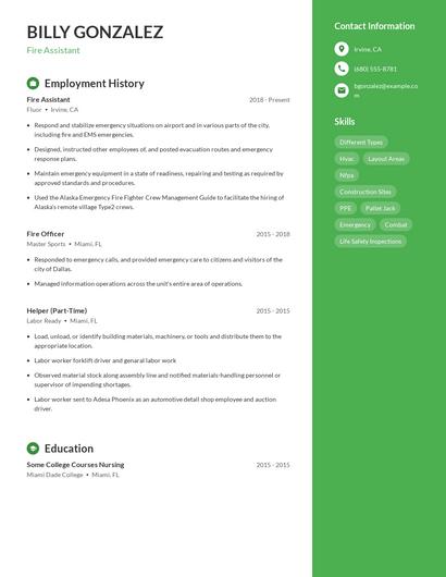 Fire Assistant Resume