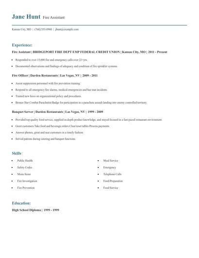 Fire Assistant Resume