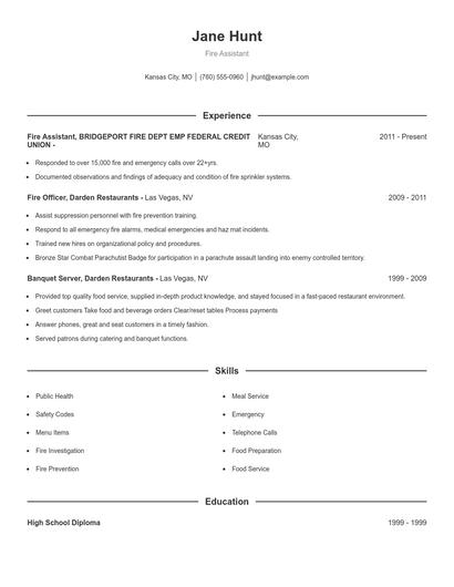 Fire Assistant Resume