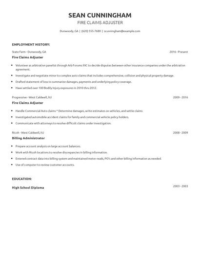 Fire Claims Adjuster Resume