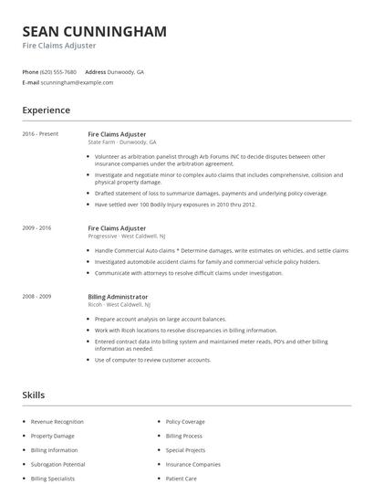 Fire Claims Adjuster Resume