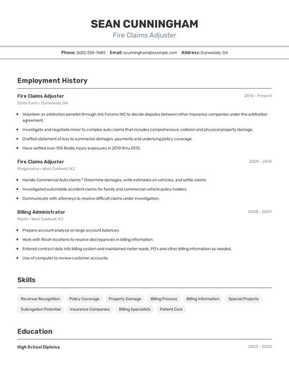Fire Claims Adjuster Resume
