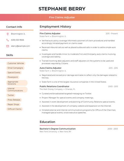Fire Claims Adjuster Resume