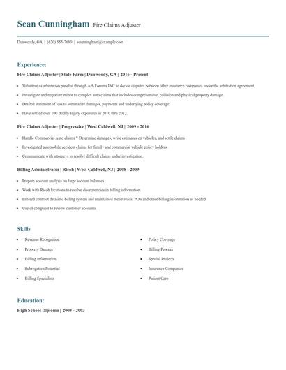 Fire Claims Adjuster Resume