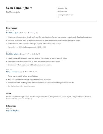 Fire Claims Adjuster Resume