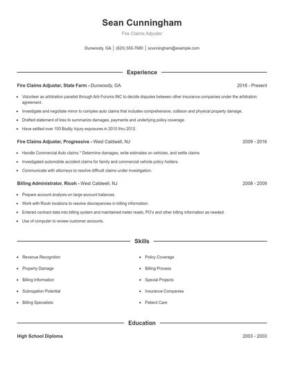 Fire Claims Adjuster Resume