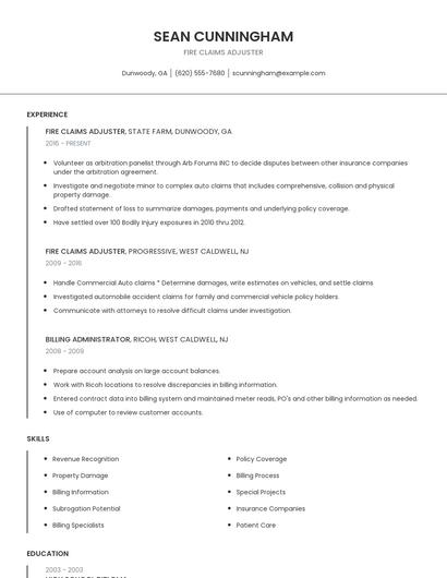 Fire Claims Adjuster Resume