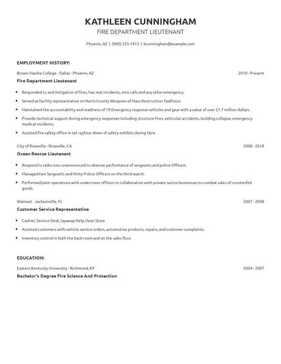 Fire Department Lieutenant Resume