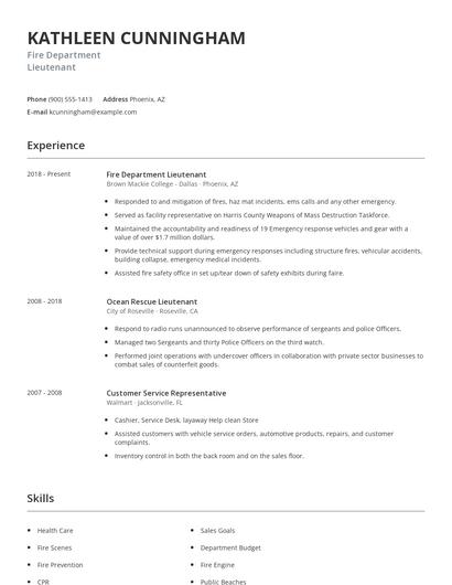 Fire Department Lieutenant Resume