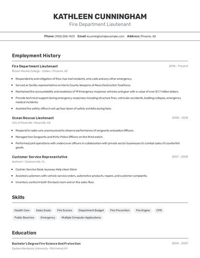 Fire Department Lieutenant Resume